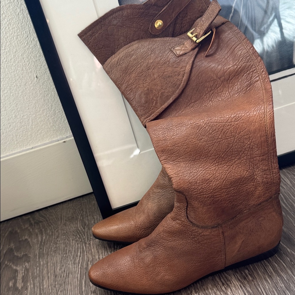 BCBG Paris Tan Heeled Boots with Buckle